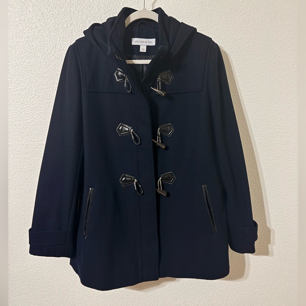 Liz Claiborne Black Peacoat with Toggle, Hood and Zipper